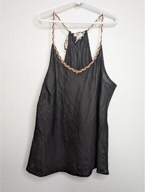 Old Navy 100% Linen Tank Top Black Boho Tie Neck Sleeveless Medium